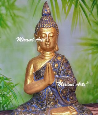 Buda Pintado a Mano en Policromía Azul y Dorado