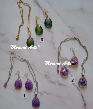 Conjunto Colgante y Aros tipo Lagrima en Resina Transparente